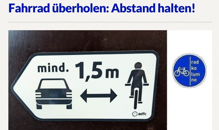 Fahrrad überholen-Abstand halten. Grafik mit Pfeil zwischen Auto und Fahrrad.