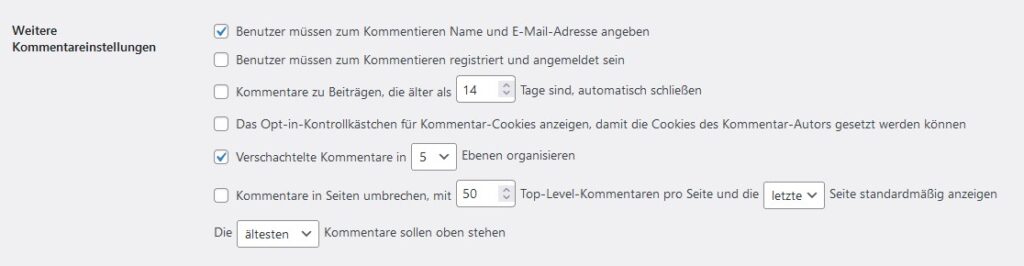Weitere Kommentareinstellungen