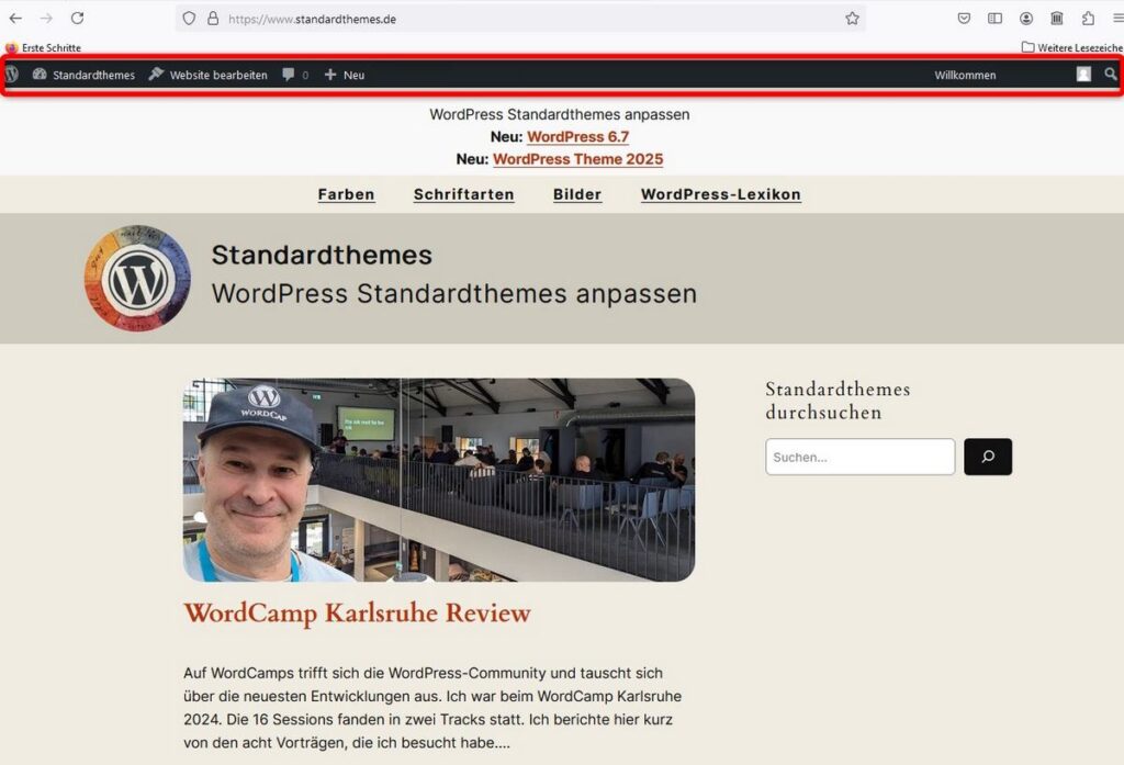 WordPress im eingeloggten Zustand