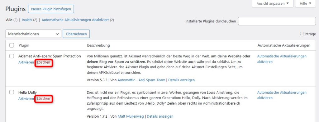 Die WordPress-Plugins Akismet und Hello Dolly