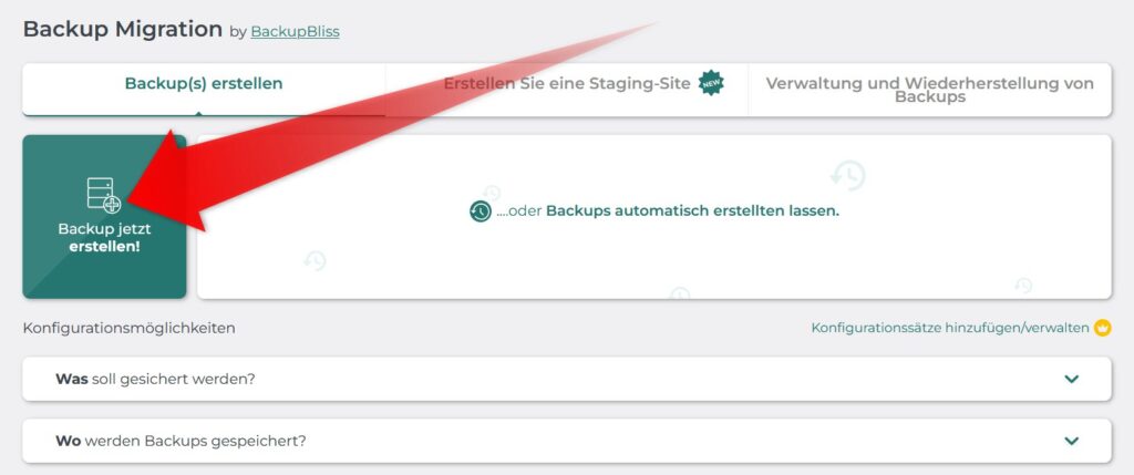 Backup jetzt erstellen mit Backup Migration.