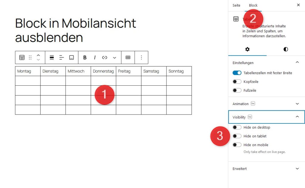 WordPress-Blöcke selektiv ausblenden