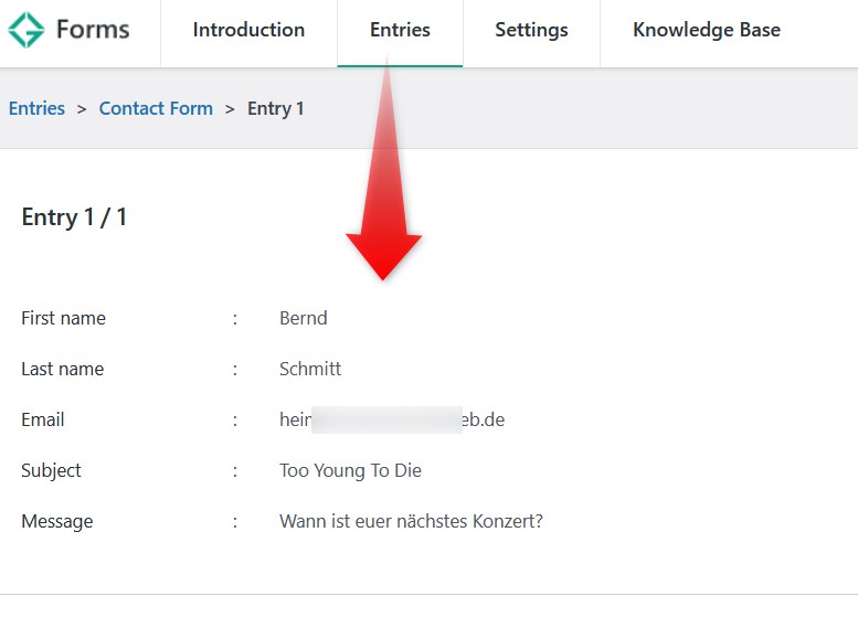 Einträge des Kontaktformulars