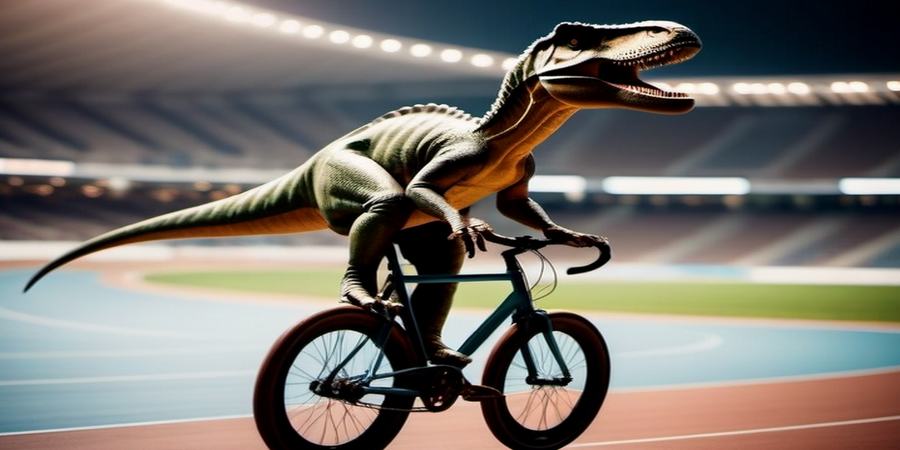 KI-Bild von Dinosaurier auf Fahrrad