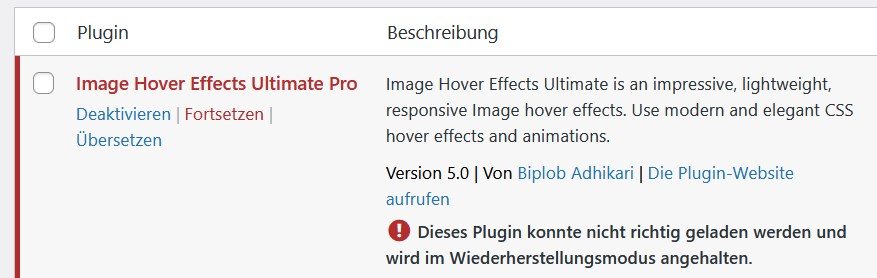 Dieses Plugin konnte nicht richtig geladen werden und wird im Wiederherstellungsmodus angehalten.