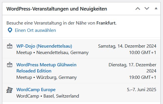 Anzeige der Meetups auf dem WordPress-Dashboard.