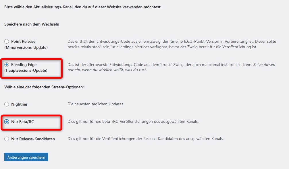 WordPress Betaversion auswählen