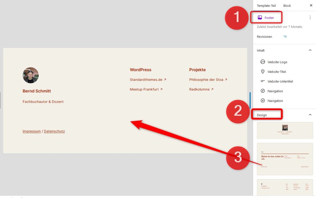 Zuweisen von Template-Teile am Beispiel des Footers.