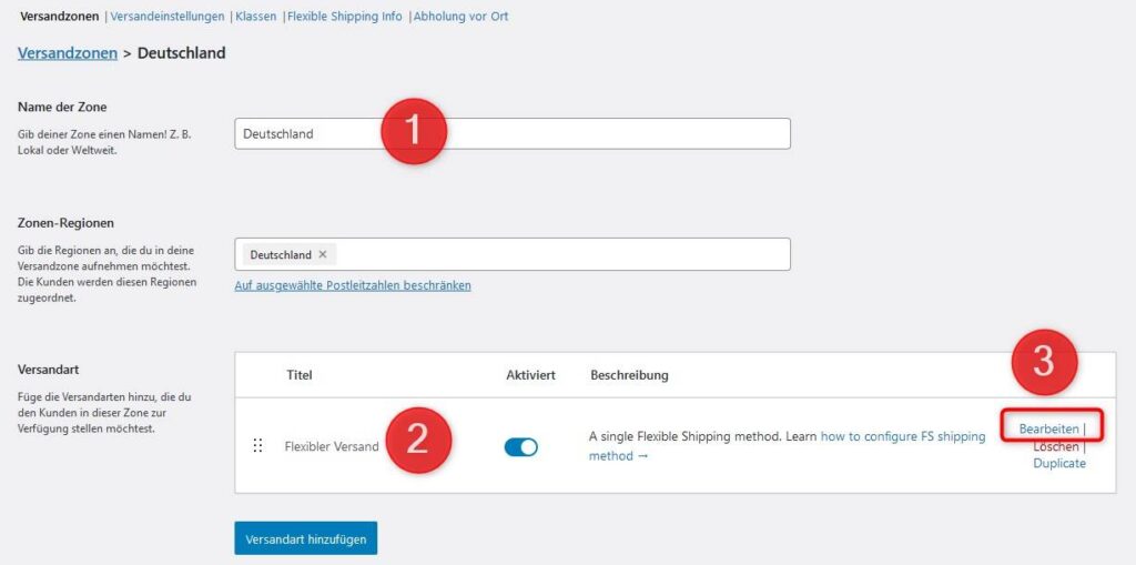 Flexibler Versand aktivieren für Versandzone