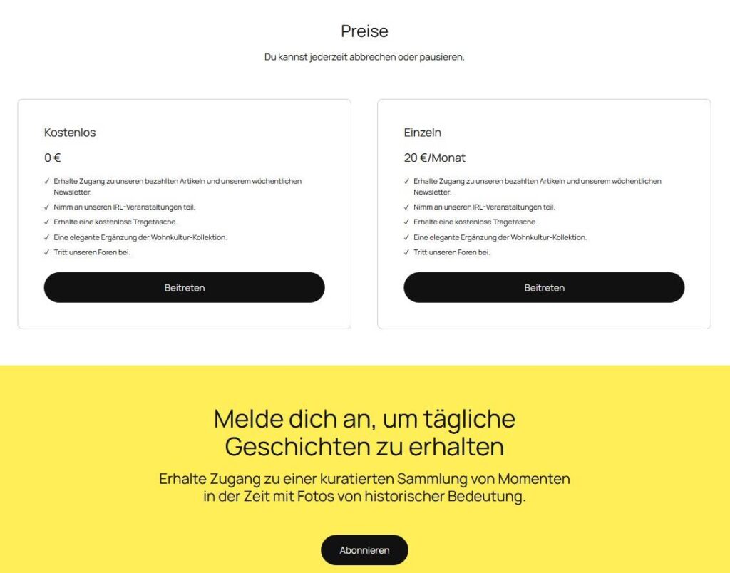 Pricing-Table und Newsletter.