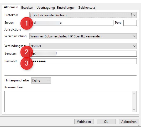 FTP-Zugangsdaten werden eingetragen